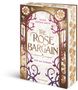 „Sasha Peyton Smith. THE ROSE BARGAIN. HOF DER DORNEN. Ravensburger.“ Goldener Rahmen mit Rosen und Dornen.