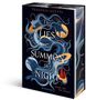 „The Lies that Summon the Night“ von Tessonja Odette. Illustration: Drache und Wolf vor nächtlichem Hintergrund., Buch