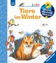 Vorderseite eines Kinderbuchs mit dem Titel "Tiere im Winter". Illustration zweier Füchse im Schnee, umgeben von bunten Blättern., Buch