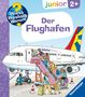 „Der Flughafen“ und „junior 2+“. Illustration eines Flugzeugs mit Menschen, die einsteigen., Buch
