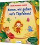 Buchtitel: "Komm, wir gehen aufs Töpfchen!". Illustration mit Tieren: Affe, Frosch, Tiger, Vogel und Insekten. Puzzle-Figur., Buch