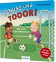 Titel: "Schuss und Tooor!" Ein Junge schießt einen Ball. Mädchen im Tor. Bunter Fußballplatz Hintergrund., Buch