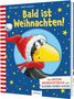 Titel: "Bald ist Weihnachten!". Illustration: Ein Rabe mit roter Mütze und Schal vor blauem Hintergrund mit Sternen.