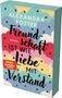 Buchcover mit bunten Wolken und der Aufschrift: "Freundschaft ist wie Liebe mit Verstand" von Alexandra Potter., Buch