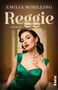 „EMILIA SCHILLING, Reggie, ROMAN.“ Frau im grünen Kleid, elegante Frisur, Perlenkette, luxuriöser Hintergrund., Buch
