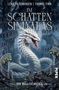 „Im Schatten Simyalas“, „Der Basiliskenkönig“. Ein weißer Drache windet sich durch eine verfallene, baumbewachsene Architektur., Buch