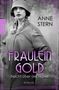 "Fräulein Gold: Nacht über der Havel" von Anne Stern. Frau in Vintage-Mantel mit Hut, lila Verzierungen im Rahmen., Buch