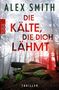 „DIE KÄLTE, DIE DICH LÄHMT“ in Rot, „ALEX SMITH“ in Grün, Wald mit moosbedeckten Steinen., Buch