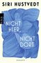Titel: "Nicht hier, nicht dort". Autorin: Siri Hustvedt. Essays. Blaues, abstraktes Muster im Hintergrund., Buch