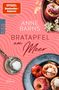 "Anne Barns, Bratapfel am Meer, Roman." Rote Äpfel mit Füllung, Puderzucker und Blumen auf rotem Hintergrund mit Spiralmuster., Buch