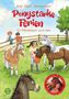 „Ponystarke Ferien“ steht in roter Schrift. Kinder und Ponys auf einer Wiese, fröhliche Atmosphäre. Illustration.