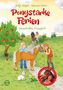 Ein Gemälde zeigt zwei Kinder mit Ponys auf einer Wiese, umgeben von Bäumen und einem Hund. Text: "Ponystarke Ferien".