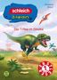 "Der T-Rex im Dinotal". Ein T-Rex läuft durch eine prähistorische Landschaft mit Vulkanen und Flugsauriern am Himmel., Buch