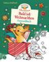 "Bald ist Weihnachten. Ausmalbuch." Ein fröhlicher gelber Drache springt aus einem Geschenk, umgeben von Weihnachtssternen., Buch