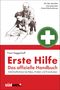 "Erste Hilfe: Das offizielle Handbuch." Illustration von einem Mann, der einer anderen Person hilft. Grünes Kreuz-Logo.
