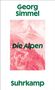 "Georg Simmel, Die Alpen, Suhrkamp." Illustration eines Gebirges mit Wanderern in Rot- und Rosatönen., Buch