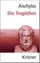 "Aischylos. Die Tragödien. Kröner." Eine rötliche Skulptur eines bärtigen Mannes vor wolkigem Hintergrund., Buch