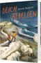 "DEICH REBELLEN" und "Nikola Huppertz" oben. Illustration von zwei Kindern auf einem stürmischen Deich mit Schafen., Buch