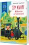 Buchtitel: "Jim Knopf - Willkommen auf Lummerland". Zeichnung eines Jungen und Lokführer vor Berglandschaft., Buch