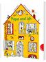 "Papa und ich." Gelbes Haus mit spielenden Kindern, Papagei, Drache, Fenstern mit Zeichnungen. Fröhliche, lebendige Atmosphäre., Buch
