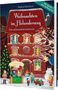 "Weihnachten im Holunderweg" ist der Buchtitel. Kinder und ein Schneemann vor einem geschmückten Haus., Buch