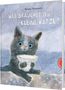 „Was brauchst du, kleine Katze?“ Illustration: Graue Katze hält eine bunte Teetasse, Himmel in Blautönen., Buch