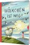 „WÖLKCHEN IST WEG!“ von Daniela Kulot. Illustration eines niedlichen Schafes auf einer Wiese, Möwen und ein Leuchtturm., Buch