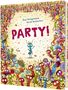 Aufschrift: "PARTY!" In einer bunten Illustration tanzen und feiern Insekten ausgelassen., Buch