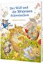 Text: "Der Wolf und die 30 kleinen Schweinchen" von Sebastian Meschenmoser. Illustration: Tiere und Schweinchen in chaotischer Szenerie., Buch