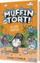 Comic-Titel: "Muffin und Tört! Bei den Piraten." Ein Piratenkater mit Hut steht am Strand; darum Piraten, Schatzkarte, Münzen., Buch
