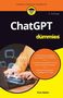 Text: „ChatGPT für dummies“, „Technische Grundlagen von ChatGPT und OpenAI“, „KI-Unterstützung“, „Verantwortungsvoller Umgang“. Oben: „Lernen einfach gemacht“, unten: Autor: Pam Baker. Hintergrund: Person tippt auf Laptop, umgeben von Chat-Symbolen., Buch