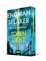 Text: "Engman Selåker Kriminalroman Totenlicht".  
Ein Boot in einem nebligen Kanal, düstere Atmosphäre., Buch