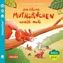 "Das kleine Muthörnchen spielt mit." Illustration eines Eichhörnchens auf einem Ast, beobachtet spielende Tiere auf dem Boden., Buch