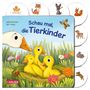 „Schau mal, die Tierkinder“; Illustration: Drei gelbe Entenküken im Nest, umgeben von Blumen und einer Gans., Buch