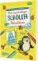 Titel: "Mein superlustiger Schüler Rätselblock 1. Klasse". Farbige Illustrationen mit Pinguin, Stift und Lineal.