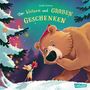 „Von kleinen und großen Geschenken“ steht oben. Ein Bär betrachtet eine Maus mit einem Geschenk vor einem Weihnachtsbaum., Buch