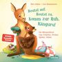 Titel: "Beutel auf, Beutel zu, komm zur Ruh, Känguru!" Zwei Kängurus, eins hält ein Stofftier. Bunte Decke und Buch., Buch