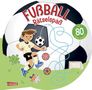 "Fußball Rätselspaß. MIT 80 coolen Stickern." Illustration eines Jungen mit Fußball und Puzzle-Teilen.