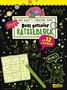 Text "Dein genialer Rätselblock ab 12 Jahren", Illustrationen von Planeten, Rätseln, zwei Katzen mit Stiften und mehr.