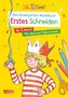 Text: "Mein Kindergarten-Bastelbuch: Erstes Schneiden. Ab 3 Jahren. Mit Scheren-Führerschein." Illustration: Kind mit Krone, Schere., Buch