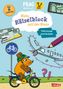 Ein bunter Rätselblock für Kinder ab 6 Jahren mit einer Maus auf einem Fahrrad, einem Flugzeug, Tickets und Straßenschild., Buch