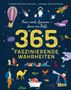 "365 faszinierende Wahrheiten" in gelb. Bunter blauer Hintergrund mit Tieren, einem Astronauten und einem Teleskop., Buch