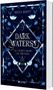 "DARK WATERS. FAE LIEBEN NICHT. FAE FRESSEN." Oben ist der Name Helen Hoeft. Illustration mit blauen Blumen und Vogelkäfig., Buch