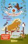 "Immer den Nüstern nach!" Ein freudiges Pony springt über ein Hindernis, begleitet von einem Hund und zwei Hühnern., Buch