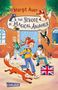 "Margit Auer, The School of Magical Animals." Illustration mit fröhlichen Kindern, Fuchs und anderen Tieren vor einem Schulgebäude., Buch