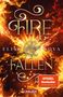 "Fire Fallen" in goldener Schrift mit Sonnenemblem. "SPIEGEL Bestseller" in orangem Banner, flammender Hintergrund.