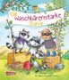 "Die Waschbärenstarke Bande" steht auf einem Banner. Vier Waschbären und ein Schwein tragen bunte Kleidung und feiern., Buch
