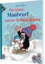 "Der kleine Maulwurf und der Schneemann" in großen Buchstaben. Illustration: Maulwurf mit Schneemann auf Schlitten im Schnee., Buch