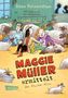 "Maggie Müller ermittelt: Der Klunker-Klau". Illustration vieler Schafe, drei Personen schauen nachdenklich, zwei Schatten., Buch