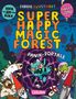 Bunte, verspielte Illustration: Ein Goblin in einem Portal, umgeben von Einhorn, Zwerg und Waldwesen, Text: „Super Happy Magic Forest“.